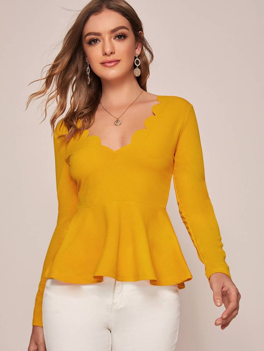 SHEIN Privé 貝殼邊荷葉邊下擺上衣 - 芥末黃 - 查看 1