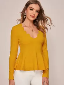 SHEIN Privé 貝殼邊荷葉邊下擺上衣 - 芥末黃 - 查看 3