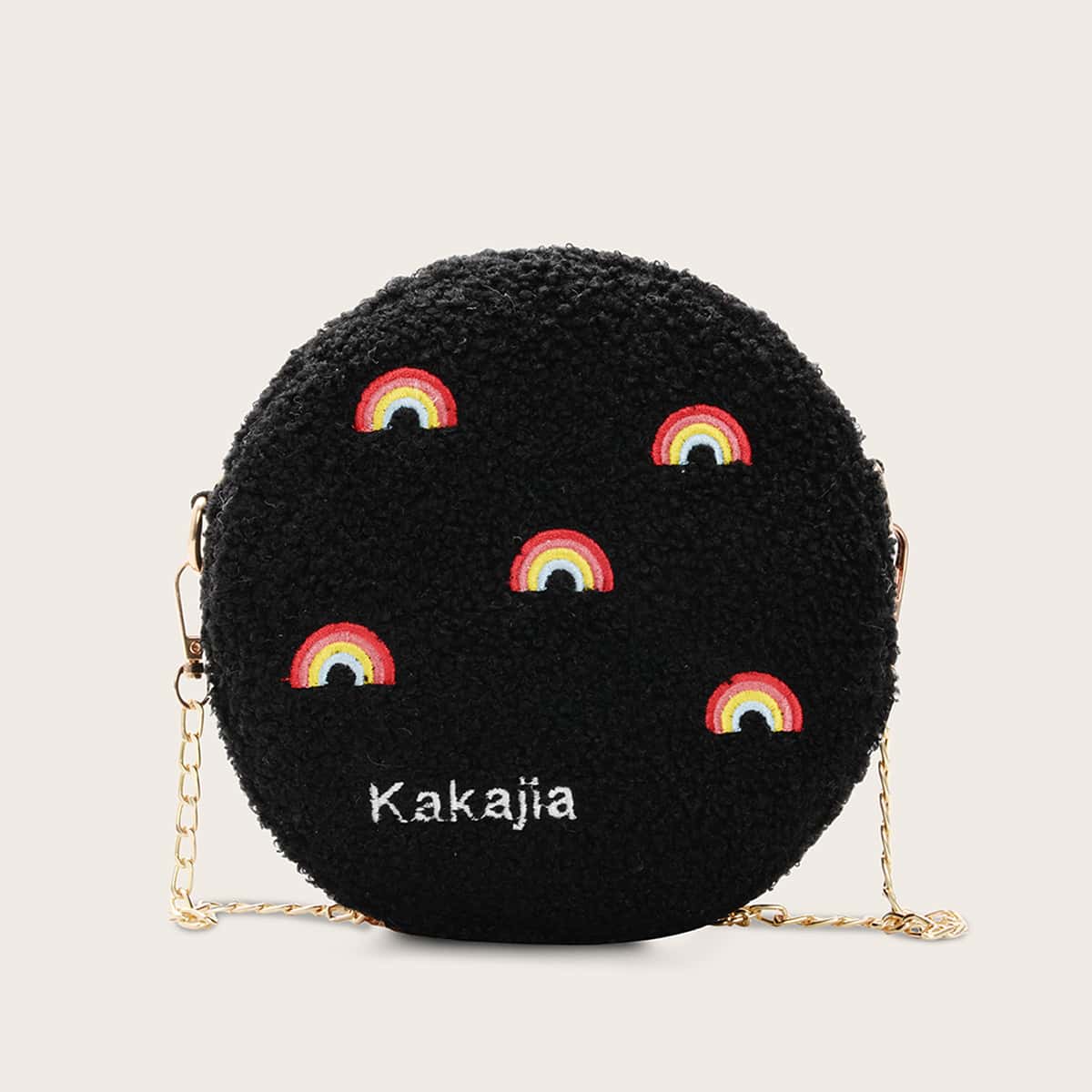 

Rainbow Embroidered Fuzzy Chain Bag, Black