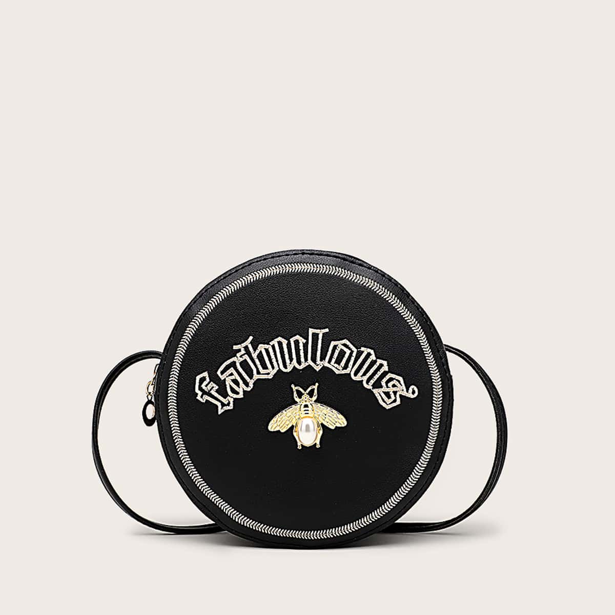 

Letter Embroidered Bee Decor Crossbody Bag, Black