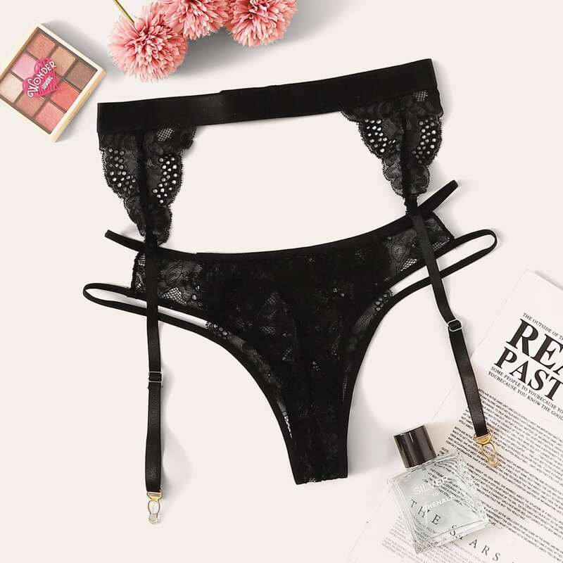 

Floral Lace Panty With Garter, Black