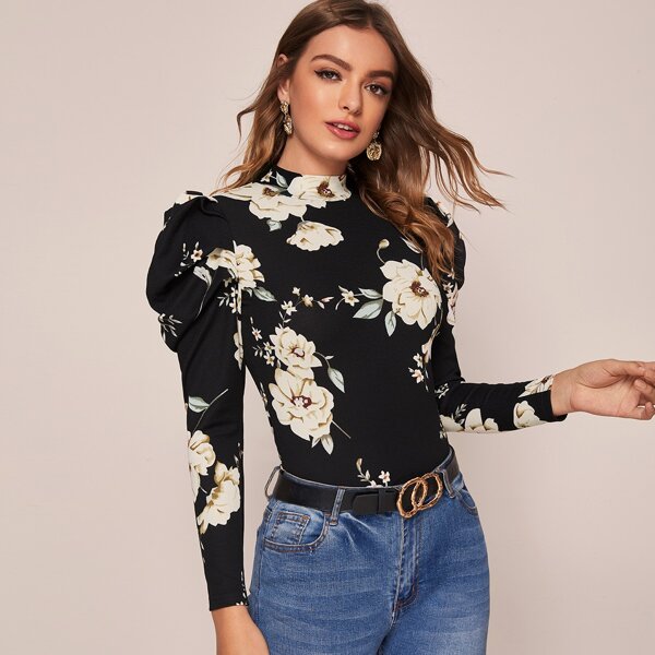 

Floral Print Cut Out Back Gigot Sleeve Slim Top, Black