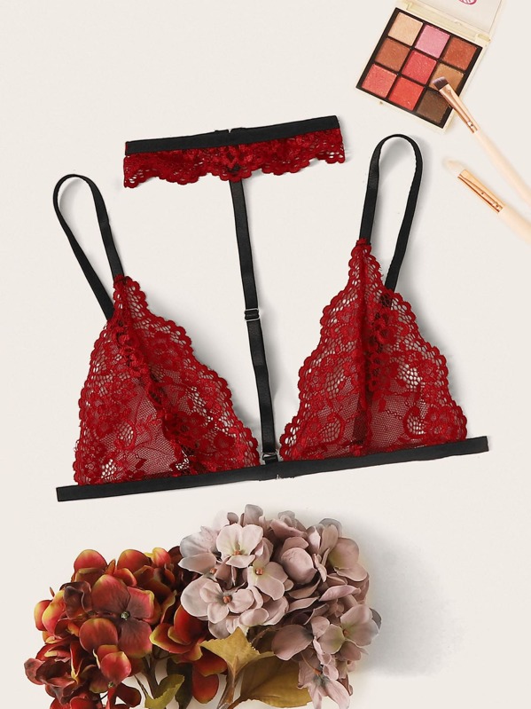 

Floral Lace Choker Bralette, Red