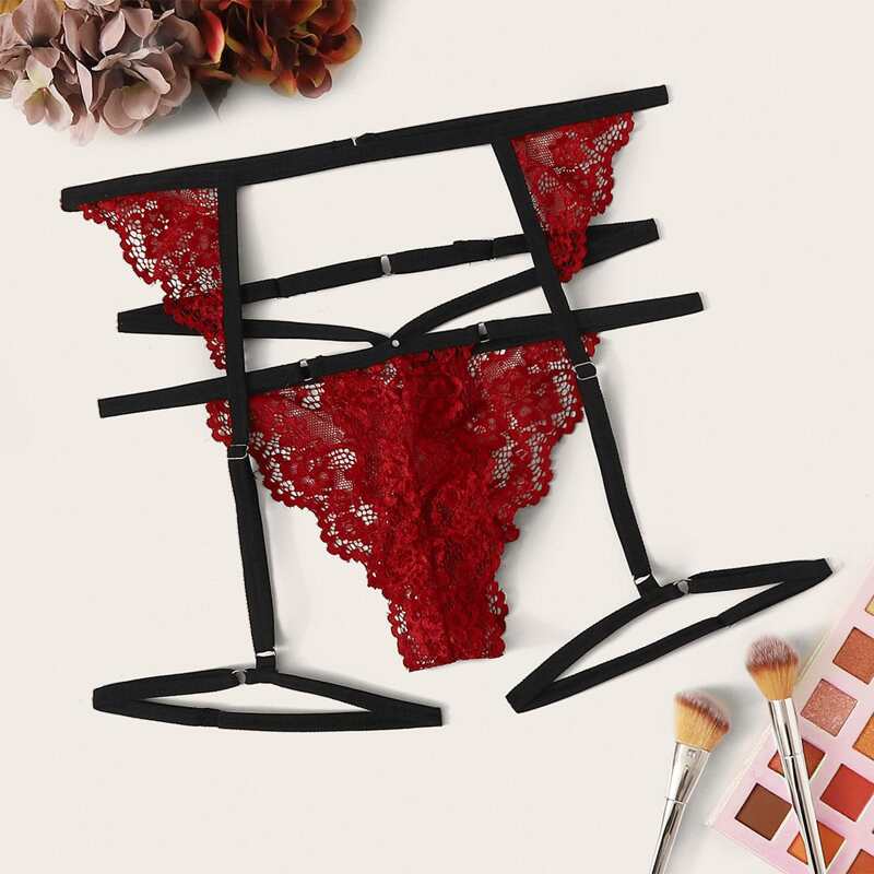 

Floral Lace Panty With Garter, Red
