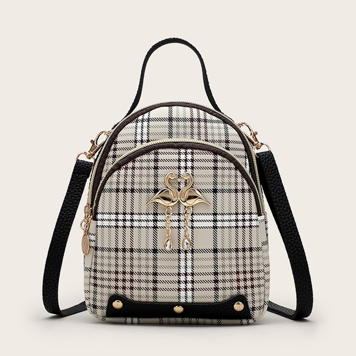 

Metal Flamingo Decor Plaid Backpack, Multicolor