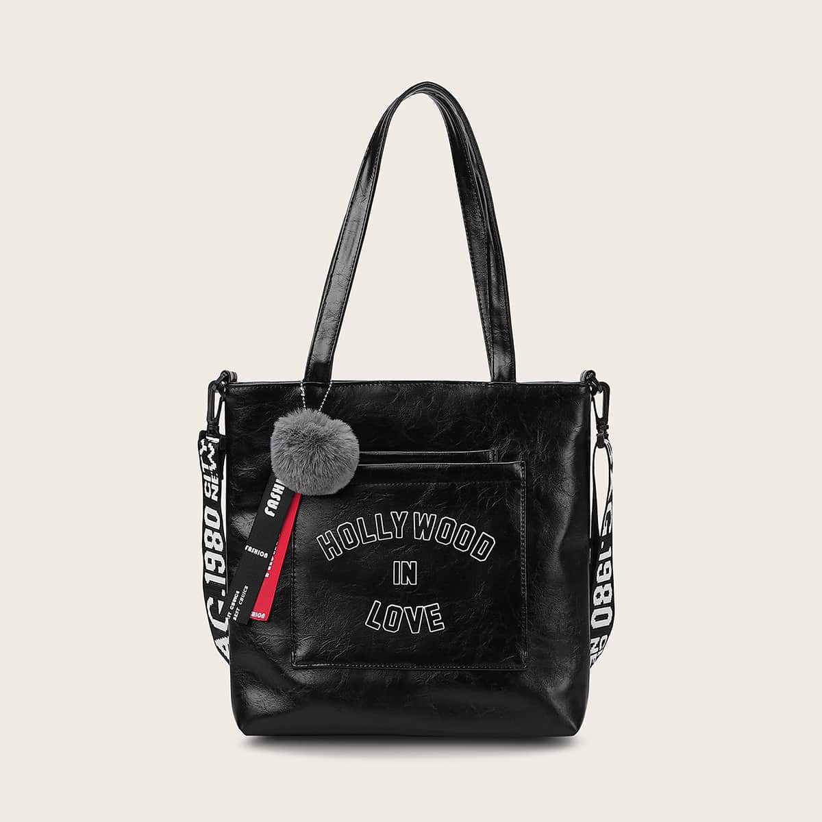 

Pom Pom Decor Tote Bag, Black