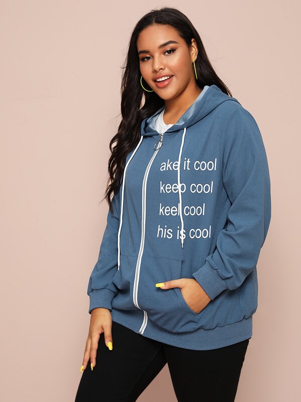 

Plus Slogan Graphic Zip Up Drawstring Hooded Jacket, Blue, Emilie