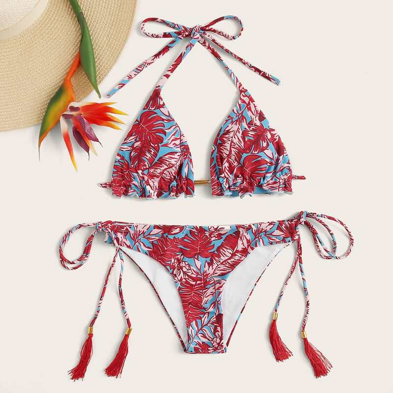 

Palm Print Halter Top Tie Side Bikini Swimsuit, Multicolor