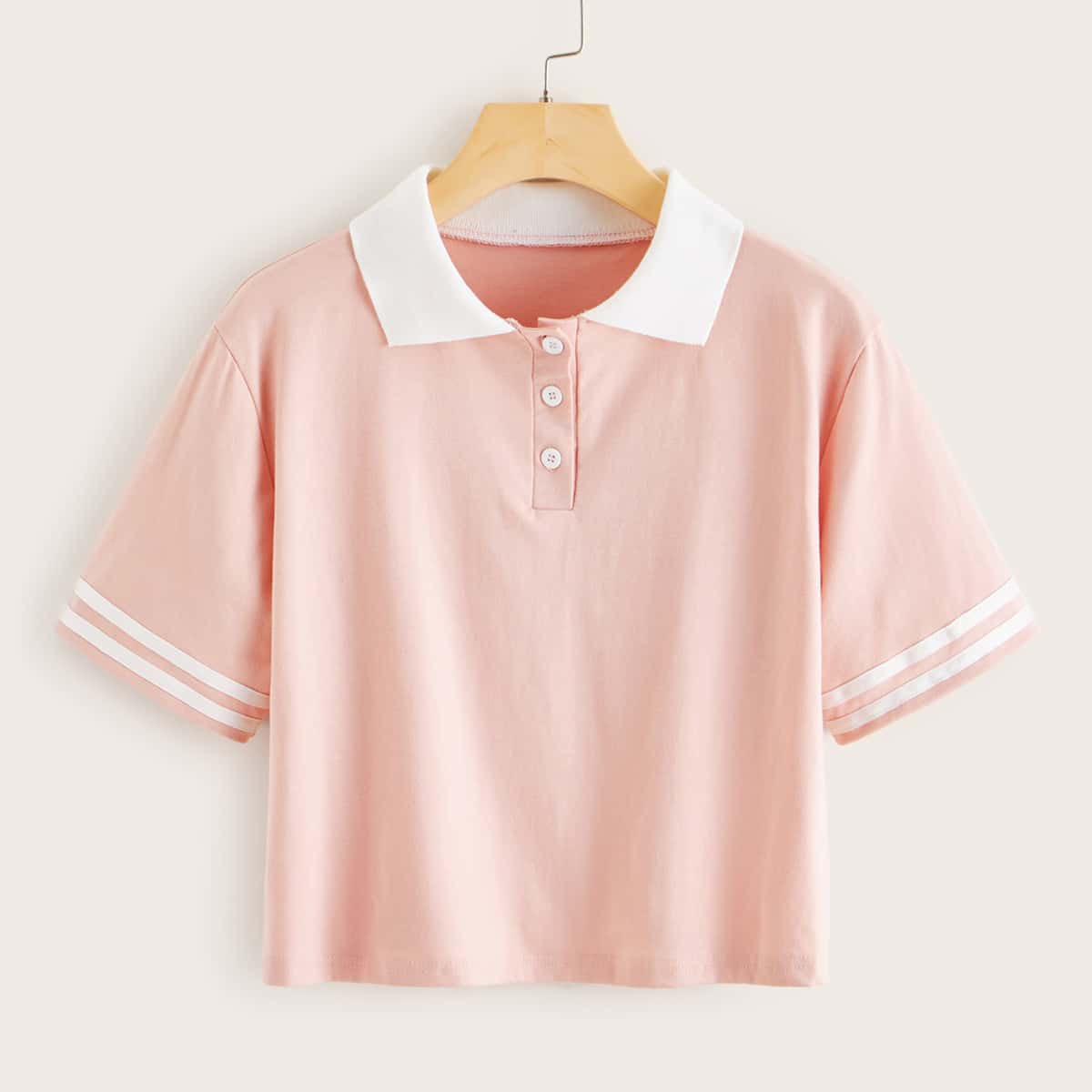 

Varsity Striped Crop Polo Tee, Pink pastel