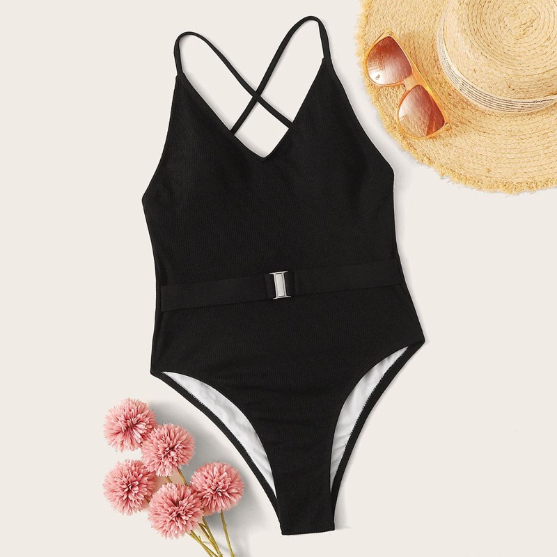 

Rib Lace Up Back One Piece Swimsuit, Black