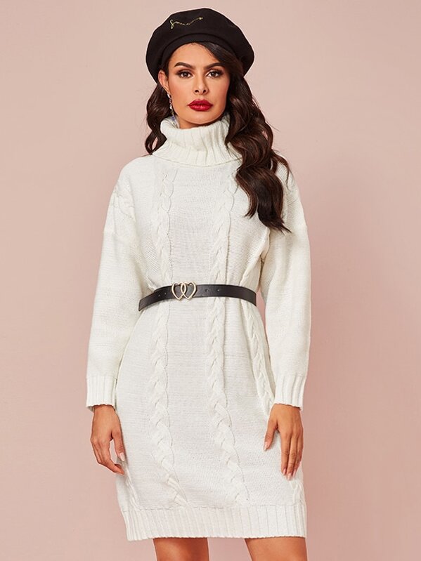 

Cable Knit Turtleneck Sweater Dress Without Belt, White, Andy