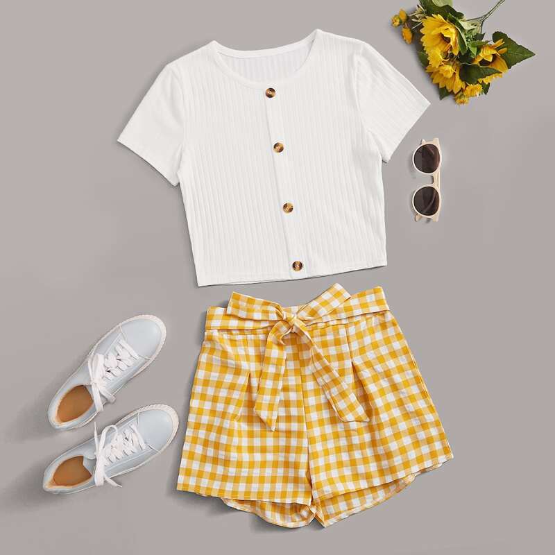 

Button Front Ribbed Tee & Belted Gingham Shorts, Multicolor