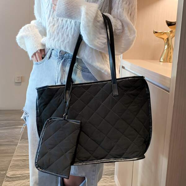 

Minimalist Quilted Tote Bag With Purse, Black
