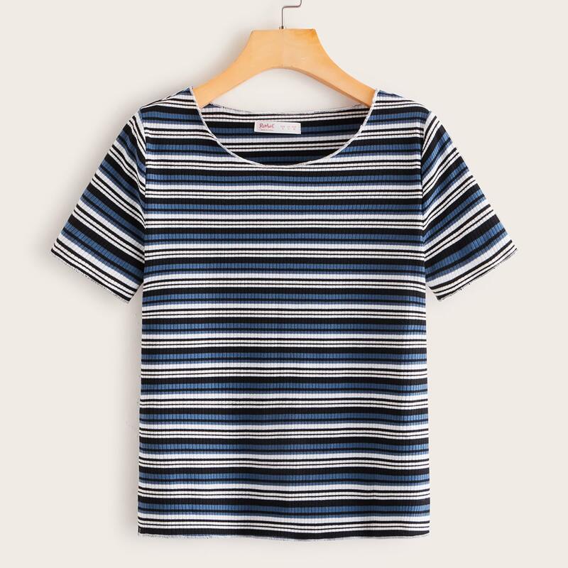 

Striped Rib-knit Short Sleeve Tee, Multicolor