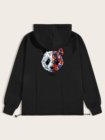 Men Panda Print Drawstring Hooded Sweatshirt