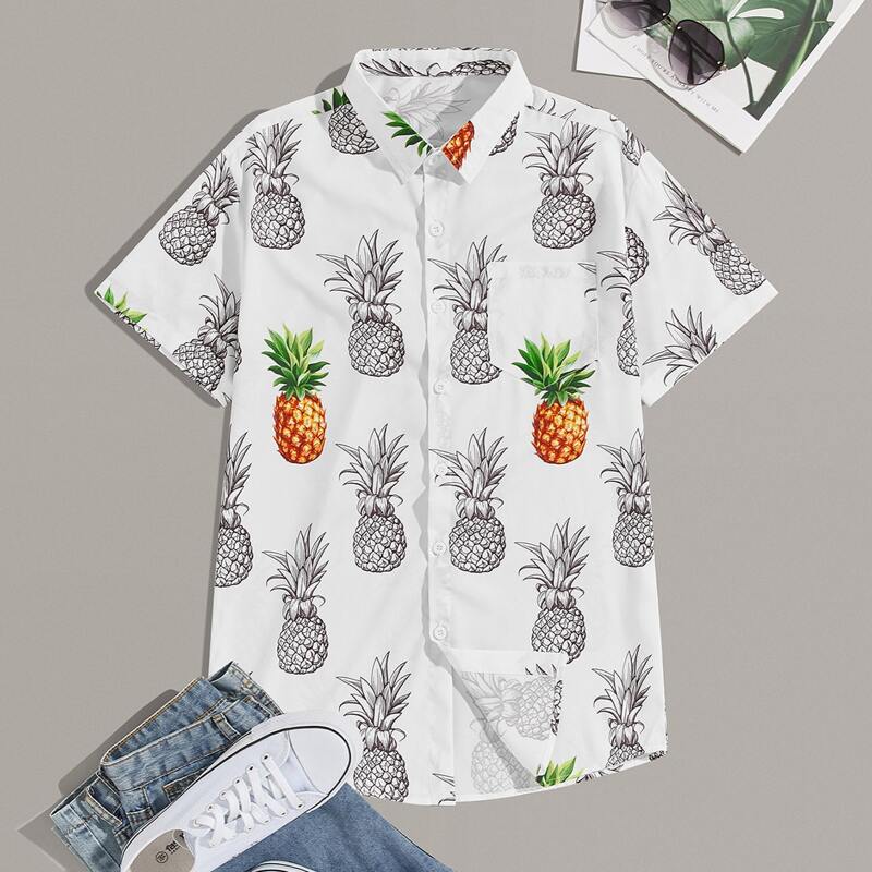 

Guys Allover Pineapple Print Curved Hem Shirt, White