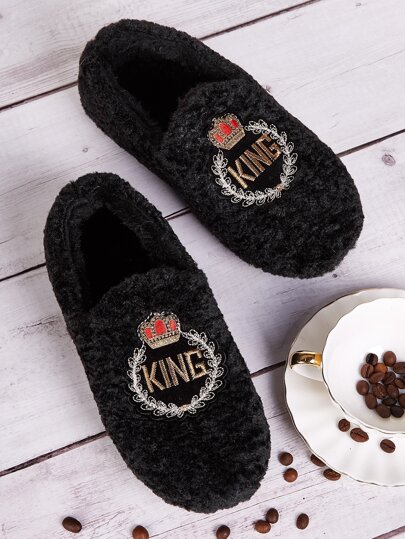 Letter Embroidered Fuzzy Flats