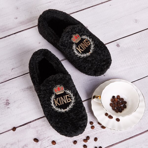 

Letter Embroidered Fuzzy Flats, Black