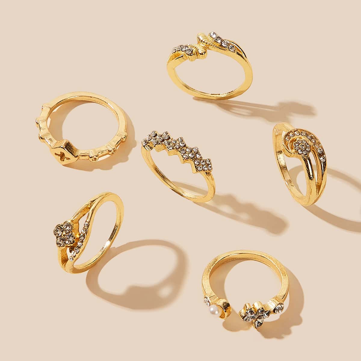 

6pcs Rhinestone Engraved Ring, Gold