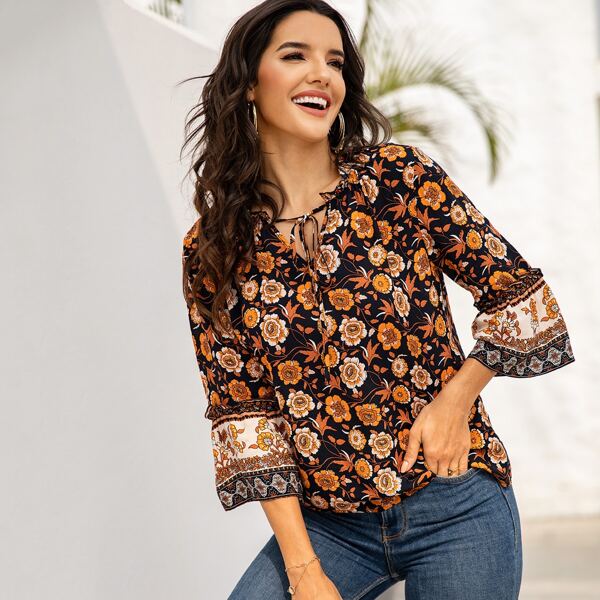 

Floral Print Tie Front Frill Trim Blouse, Multicolor