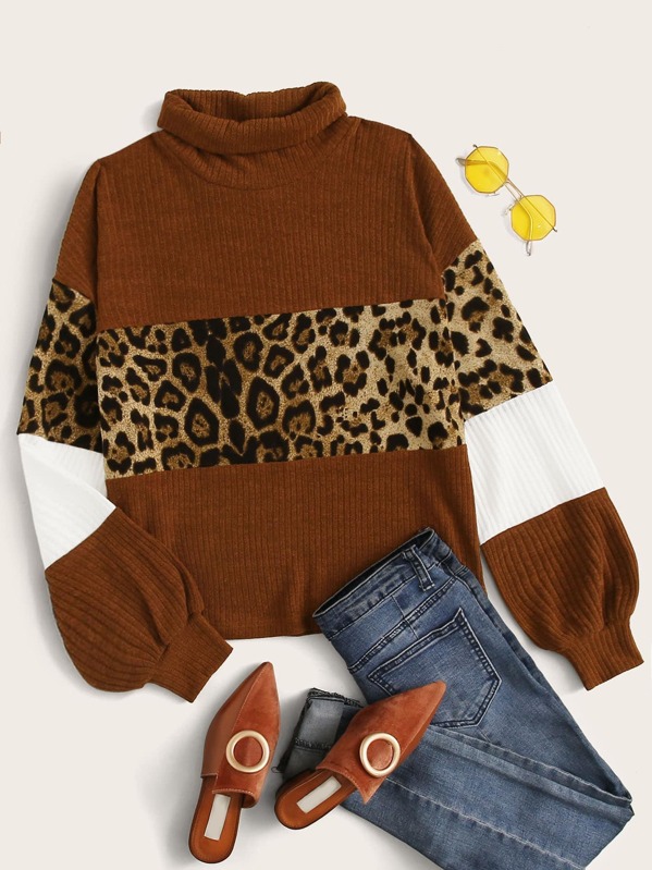 

Rolled Neck Leopard Panel Colorblock Sweater, Multicolor