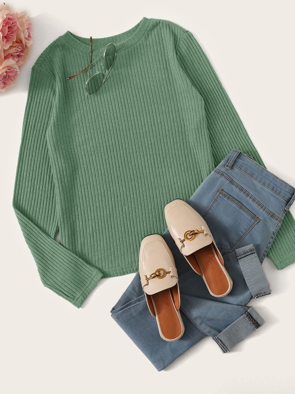 

Solid Rib-knit Tee, Green