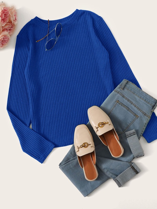 

Rib-knit Solid Tee, Blue