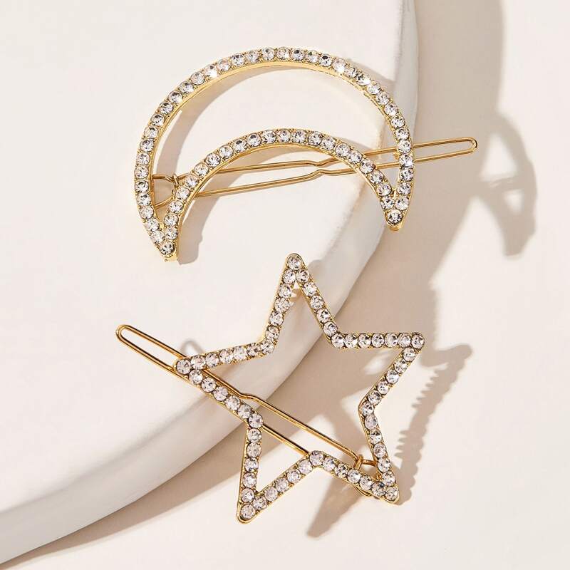

2pcs Rhinestone Engraved Star & Moon Hair Clip, Gold