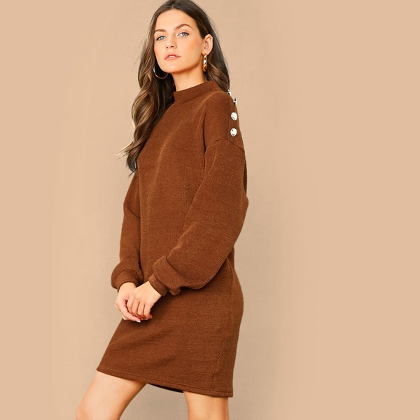 

Mock Neck Drop Shoulder Gold Button Detail Dress, Brown