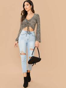 SHEIN 鐘形袖抽褶抽繩前豹紋上衣 - 彩色 - 查看 5