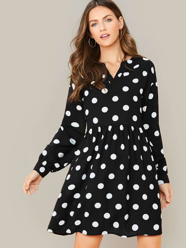 

V-cut Neck Lantern Sleeve Polka Dot Flare Dress, Black, Zorana