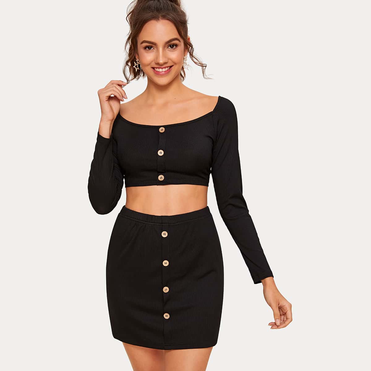 

Solid Button Front Crop Top & Skirt, Black