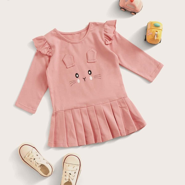 

Baby Girl Cartoon Graphic Pleated Hem Babydoll Dress, Dusty pink