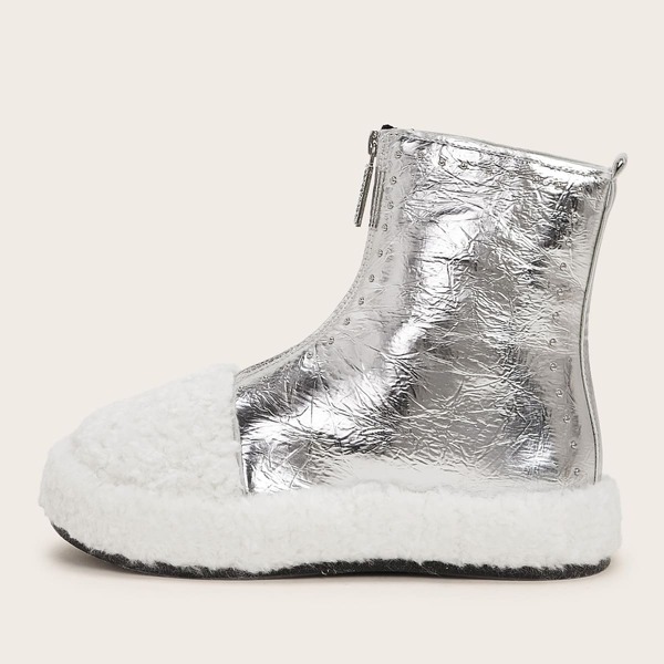 

Contrast Faux Fur Metallic Boots, Silver