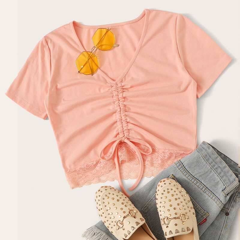 

Contrast Lace Drawstring Front Tee, Pink