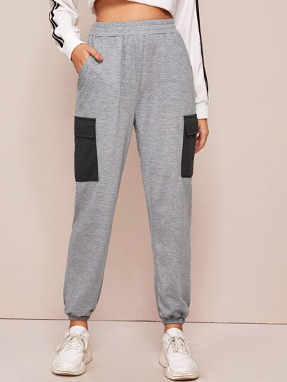 Contrast Flap Pocket Elastic Waist Sweatpants