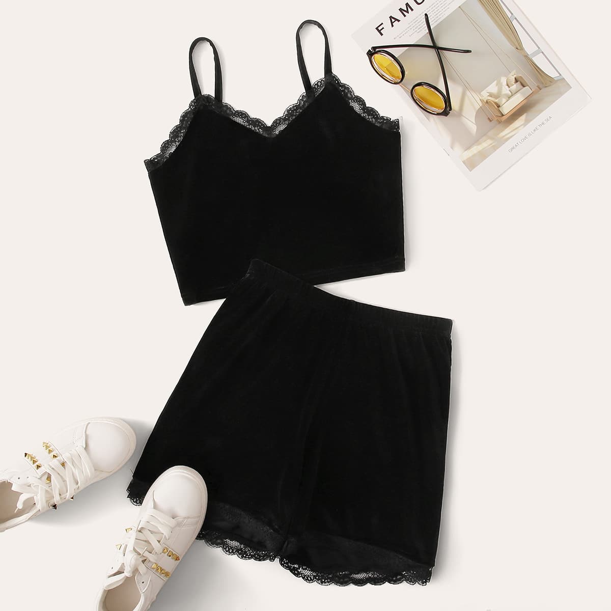 

Contrast Lace Velvet Cami Top & Velvet Shorts, Black