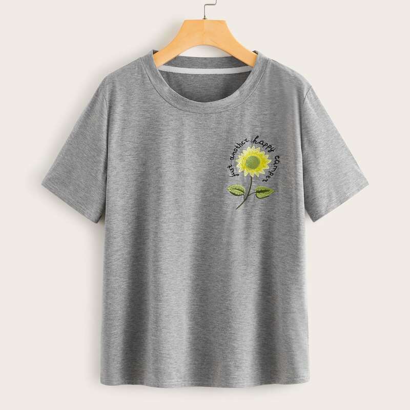 

Floral & Letter Embroidery Short Sleeve Tee, Grey