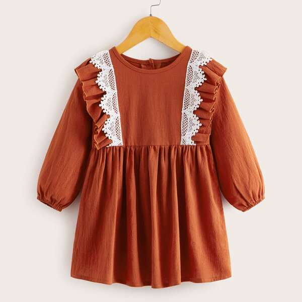 

Toddler Girls Lace Panel Ruffle Trim Smock Dress, Red
