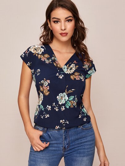 Floral Print V-neck Cap Sleeve Blouse