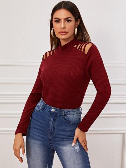 Solid Mock Neck Cut Out Sweater