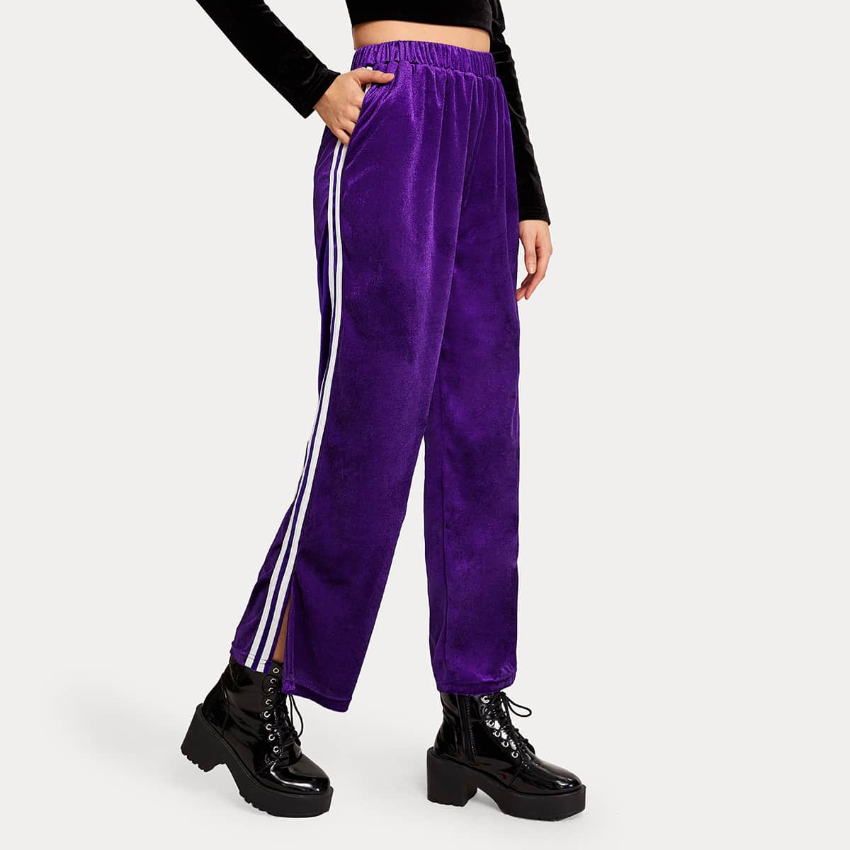 

Side Stripe Slit Hem Velvet Sweatpants, Purple