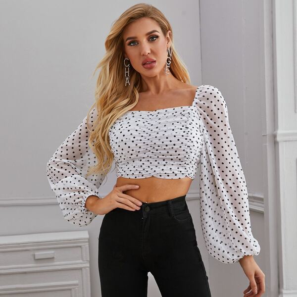 

Lantern Sleeve Ruched Shirred Polka-dot Crop Top, White