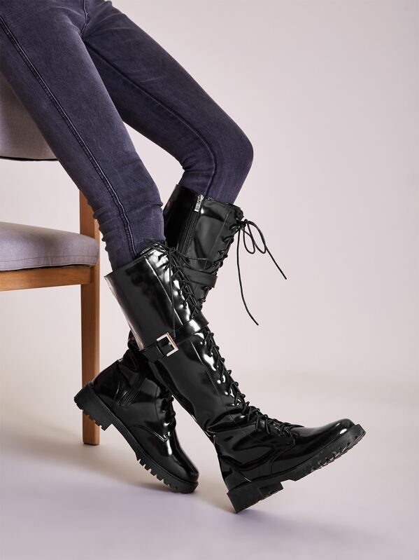 

Patent Buckle Decor Lace-up Front Boots, Black