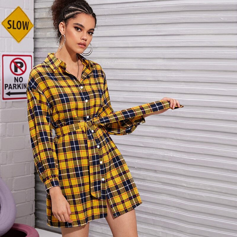 

Plaid Button Through Belted Shirt Dress, Multicolor