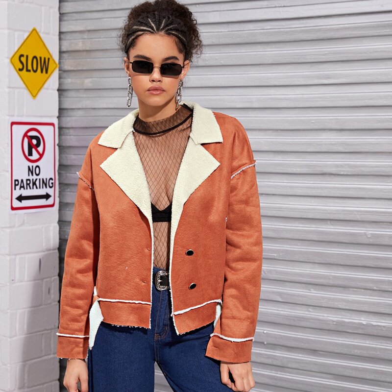 

Suede Fleece Lined Belted Jacket, Brown