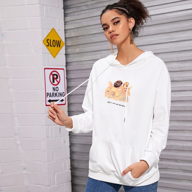

Pocket Front Angle Print Hoodie, White
