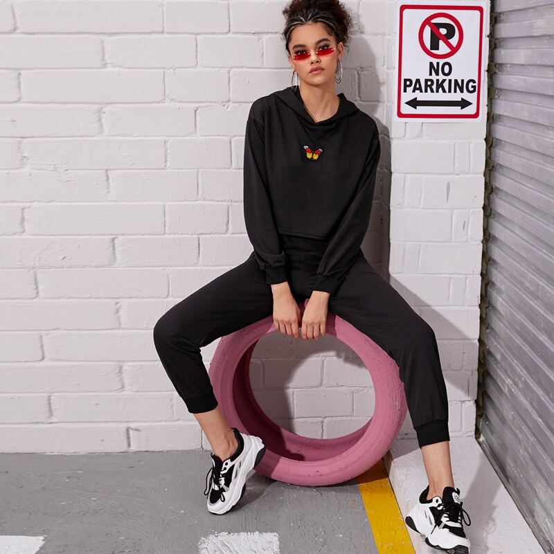 

Butterfly Patched Crop Hoodie & Sweatpants, Black