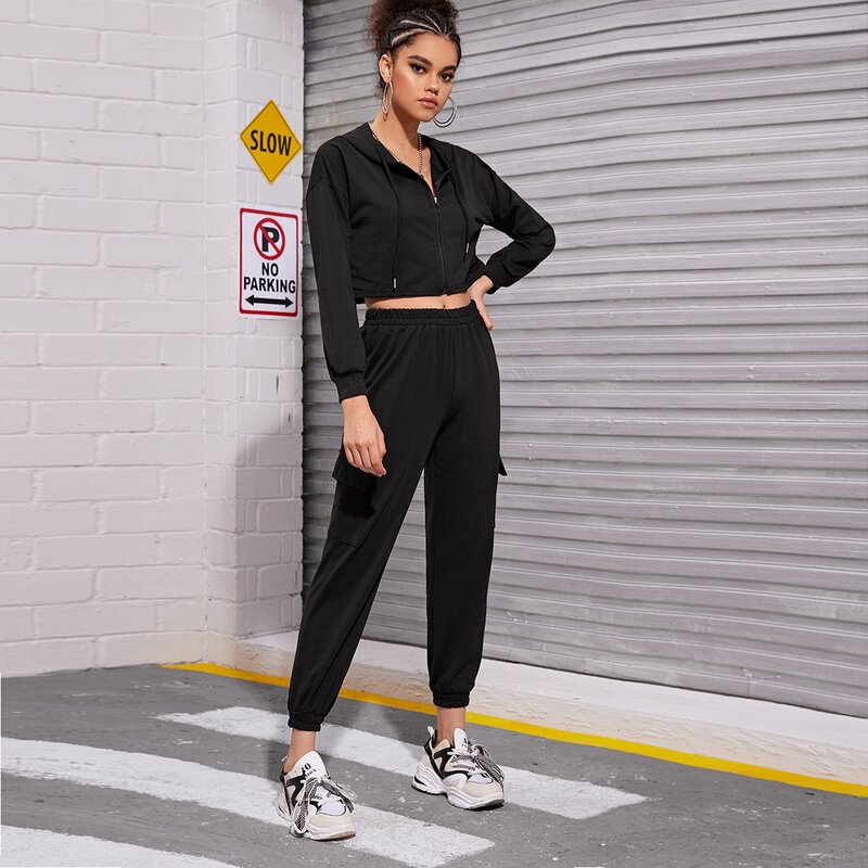 

Zip-up Crop Hoodie & Flap Pocket Cargo Pants, Black