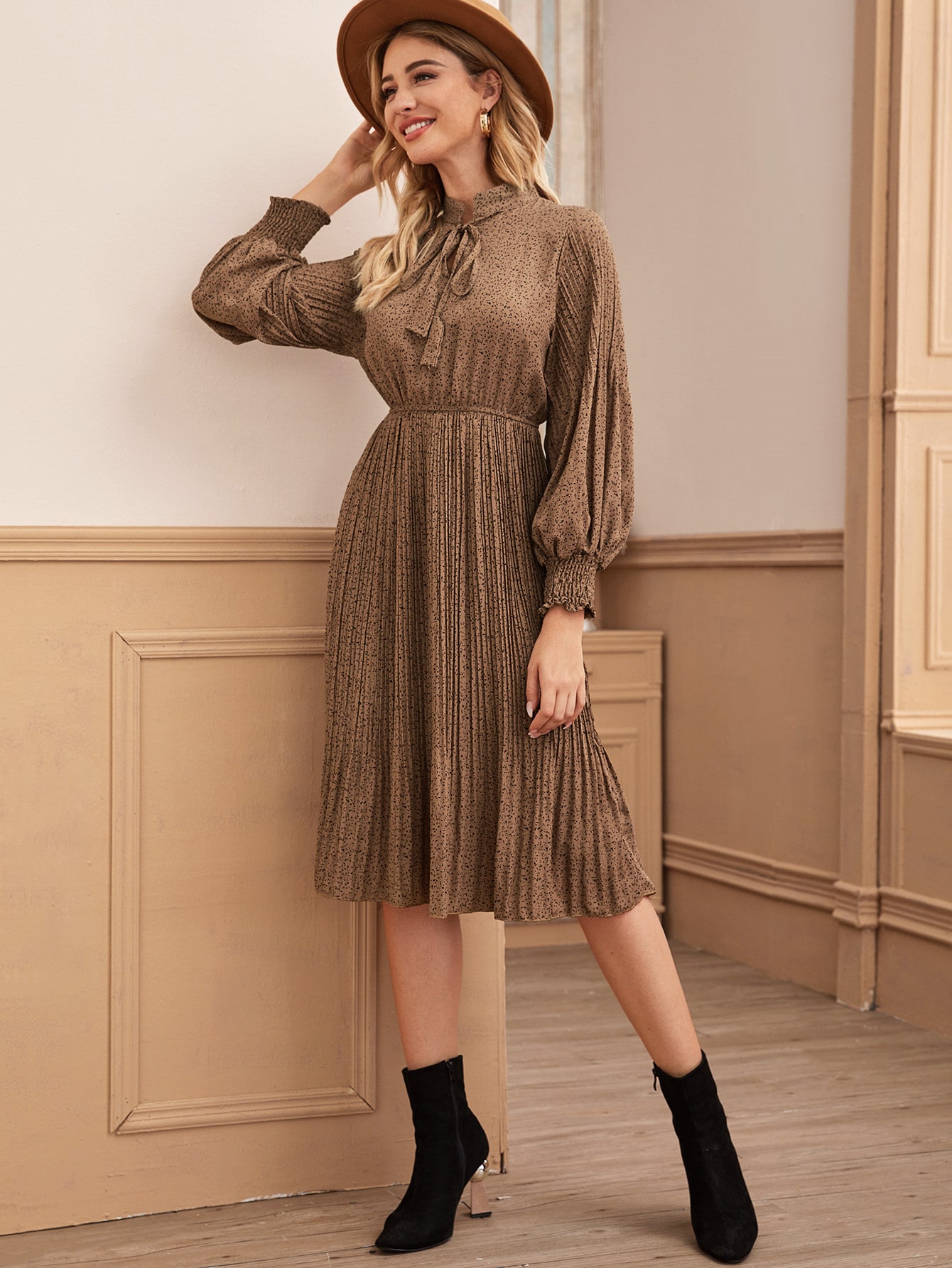 All Over Confetti Tie Neck Pleated Hem Dress pictures